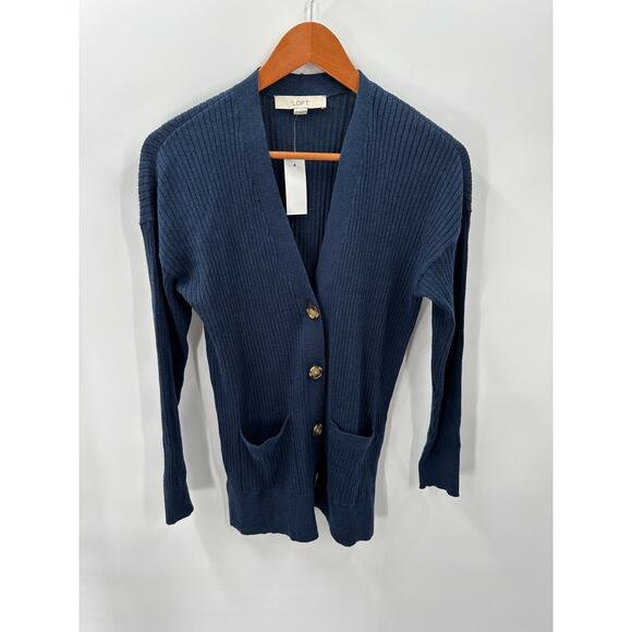 LOFT NWT Ribbed Relaxed V-Neck Pocket Navy Blue Open Cardigan // XS - Picture 2 of 8